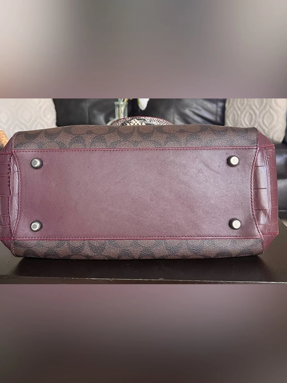 COACH MARGOT Embossed Snake Leather Signature Satchel Dark Brown/Burgundy
